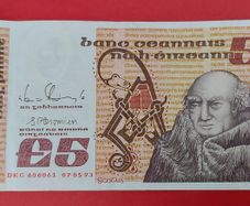 Irish 1993  "Scotus"  Five pound banknote in A/ UNCIRCLULATED condition
