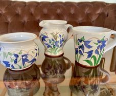 Trio of Judy Greene Bluebell Studio Pottery Jug Sugar Bowl and Mug