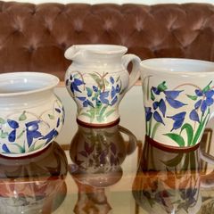 Trio of Judy Greene Bluebell Studio Pottery Jug Sugar Bowl and Mug