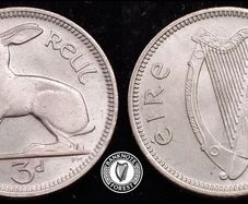 [#2386] - Ireland 1953 | Irish 3p | Three Pence | Harp | KM.12 | UNC