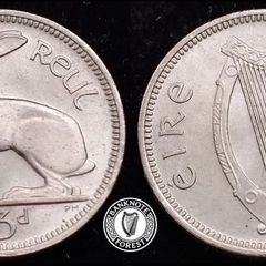 [#2386] - Ireland 1953 | Irish 3p | Three Pence | Harp | KM.12 | UNC