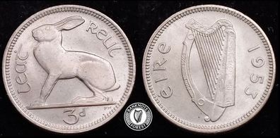 [#2386] - Ireland 1953 | Irish 3p | Three Pence | Harp | KM.12 | UNC