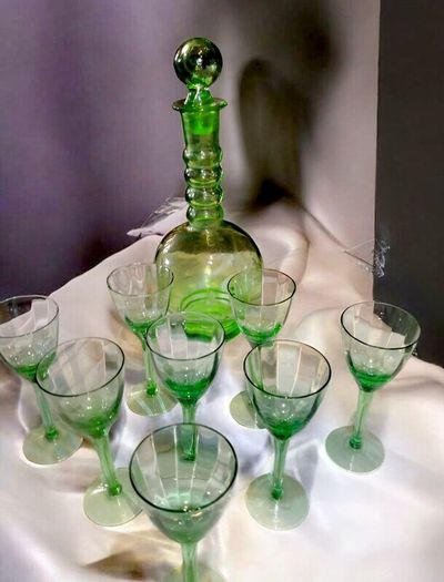 Green glass set with decanter