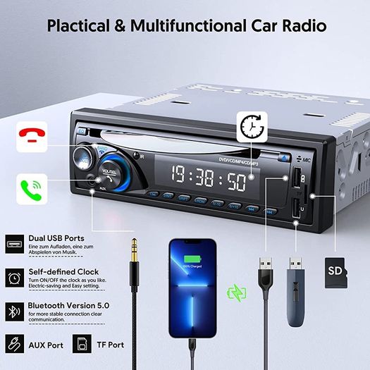 Car Stereo Radio Bluetooth with CD DVD Player,1DIN RDS/FM/AM Car Radio Bluetooth Handsfree MP3 Player with 2 USB/SD/AUX/7Colors (FREE POSTAGE)