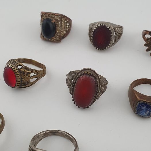 15 Antique Style Brass Rings Mixed Stone & Colourful Glass Accents