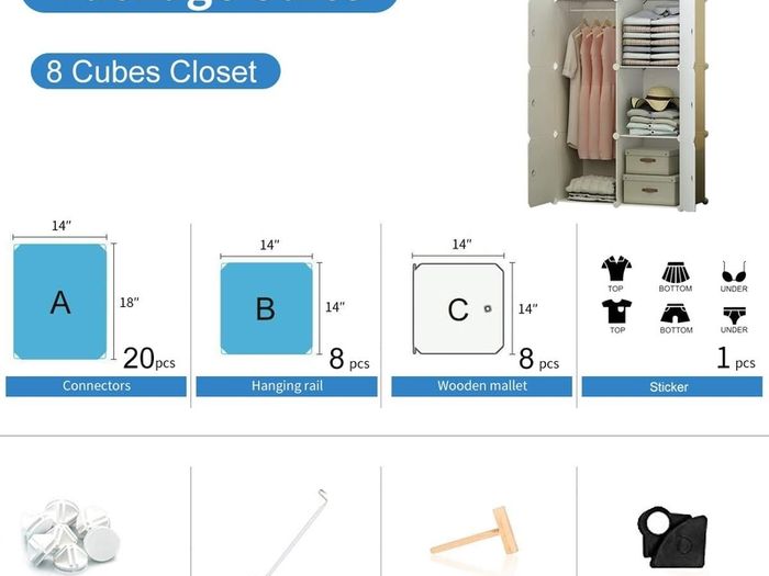 8-Cube Clothes Closet, Plastic Wardrobe with Doors & 1 Hanger, Modular Storage Organizer, Deeper Cubes for Larger Space