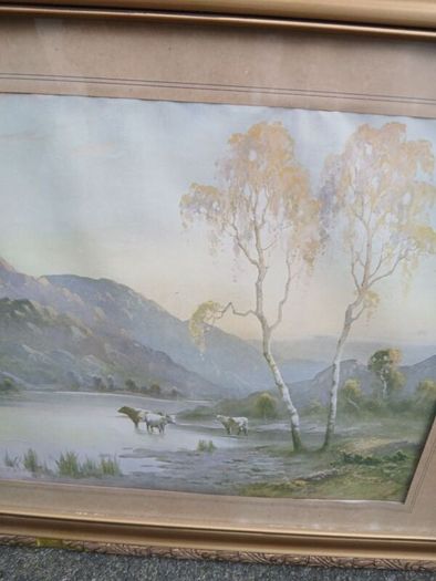 Stunning Antique Cattle watering picture