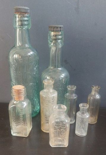 Fabulous Collection of Four Assorted Antique and Vintage Apothecary and Household Bottles in Clear Glass, Price for All Four, Not Splitting