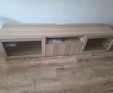 TV Stand Unit 180cm White Stained Oak Effect with Glass Doors & Drawer