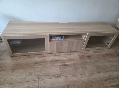TV Stand Unit 180cm White Stained Oak Effect with Glass Doors & Drawer