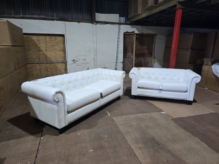 Hampton White 3+2 Chesterfield Fabric Sofa Set