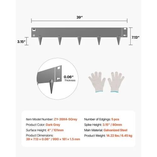 Steel Landscape Edging 5 Packs 39 x 4in Rust-Resistant for Yard Dark Gray