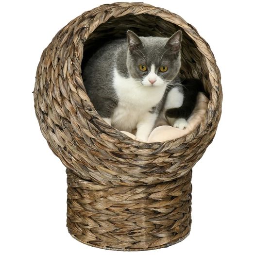 Woven Banana Leaf Elevated Cat Bed Wicker Kitten Basket Pet Den. House Cozy Cave with Soft Cushion Dome 42x33x52cm Dark Brown