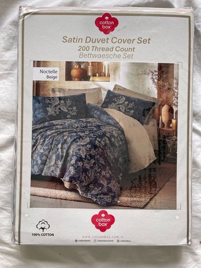 Cotton Box Satin Duvet Set - Single 155x220cm - Noctelle Beige / Navy - 100% Cotton - New and Sealed