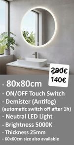 LED Bathroom Mirror 80cm Round Antifog Defogger