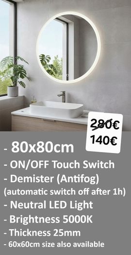 LED Bathroom Mirror 80cm Round Antifog Defogger