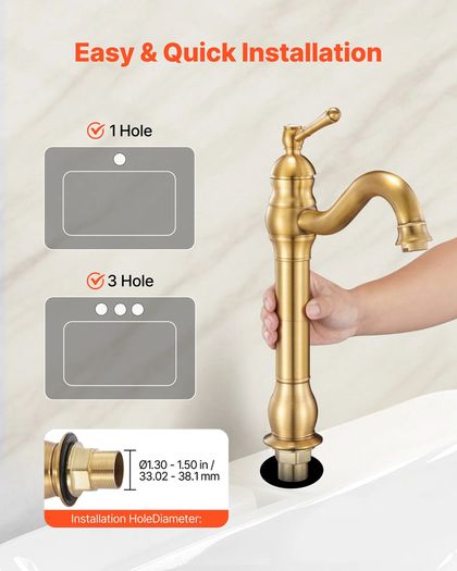 Single Handle Sink Faucet, Solid Brass Single Handle Kitchen Faucet, 1 or 3 Hole Kitchen Faucets with Push-Button Drain