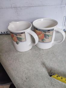 Mikasa Intaglio Garden Harvest Cappuccino Mug AND MILK JUG , Intaglio, Fruit & Leaves On Rim, Cream,