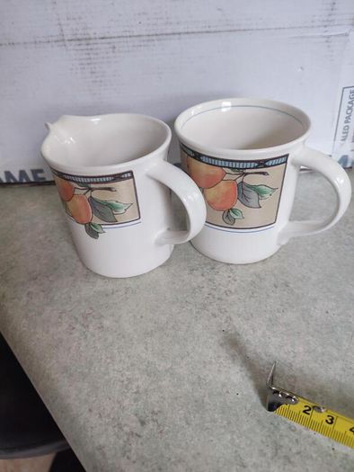 Mikasa Intaglio Garden Harvest Cappuccino Mug AND MILK JUG , Intaglio, Fruit & Leaves On Rim, Cream,