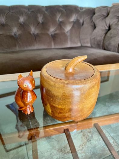 Vintage Apple Shaped Wood Jar Container Round Wooden Box 1960s 70s