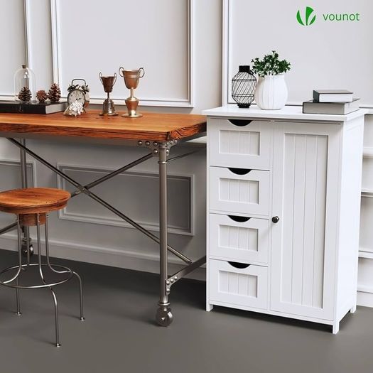 Bathroom Floor Storage Cabinet, Freestanding Storage Unit with Adjustable Shelf, 4 Drawers & Door, for Bedroom, Kitchen, Living Room, Entryway, White