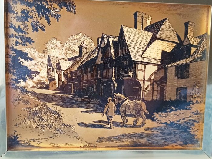 Two Dufex gold foil prints Shakespeare's Birthplace in Stratford-upon-Avon and Man & his Horse Chiddingstone, Kent  in brass glazed frames   size 17.5x22.5cm