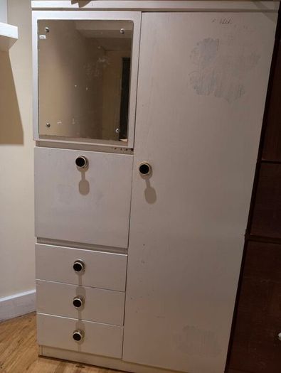 White Painted Vintage Wooden Wardrobe with Mirror, Drawers & Hanging Space