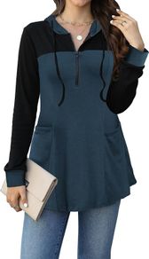 POMTIMCO Tunic Women s V-Neck Hoodie Long Sleeve Hooded Pullover Sweatshirt with Pockets Blue, L