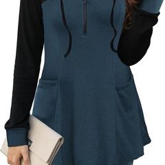 POMTIMCO Tunic Women s V-Neck Hoodie Long Sleeve Hooded Pullover Sweatshirt with Pockets Blue, L