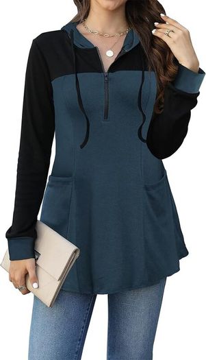 POMTIMCO Tunic Women s V-Neck Hoodie Long Sleeve Hooded Pullover Sweatshirt with Pockets Blue, L