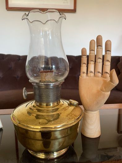 1930s40s Aladdin Model 12 Brass Table Mantle Oil Lamp with Fluted Glass Shade