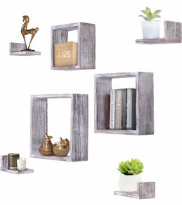 Rustic Wall Mounted Square Shaped Floating Shelves Set of 7, 3 Square Shelves and 4 Rectangle Shaped Rustic Shelves, Screws and Anchors Included (MULTIPLE COLOURS)