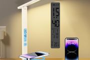 LED Desk Lamp with Wireless Charger &amp; USB Charging Port, 5 Colors 5 Brightness Dimmable Eye-Caring Table Lamp with Night Light, LCD Screen Clock Temperature Timer Touch Control Bedside Lam