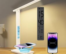 LED Desk Lamp with Wireless Charger & USB Charging Port, 5 Colors 5 Brightness Dimmable Eye-Caring Table Lamp with Night Light, LCD Screen Clock Temperature Timer Touch Control Bedside Lam