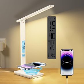 LED Desk Lamp with Wireless Charger & USB Charging Port, 5 Colors 5 Brightness Dimmable Eye-Caring Table Lamp with Night Light, LCD Screen Clock Temperature Timer Touch Control Bedside Lam