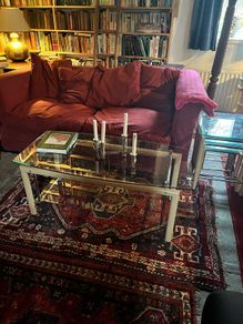 Chrome, Wood and Tempered Glass Coffee Table and matching nest of 3 side tables