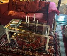 Chrome, Wood and Tempered Glass Coffee Table and matching nest of 3 side tables