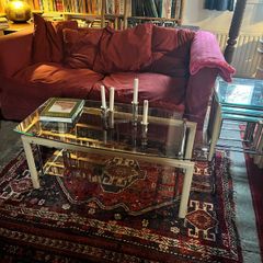 Chrome, Wood and Tempered Glass Coffee Table and matching nest of 3 side tables