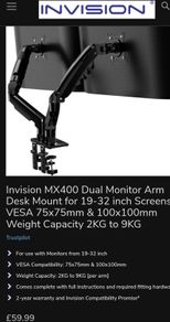 Invision MX400 Dual Monitor Arm