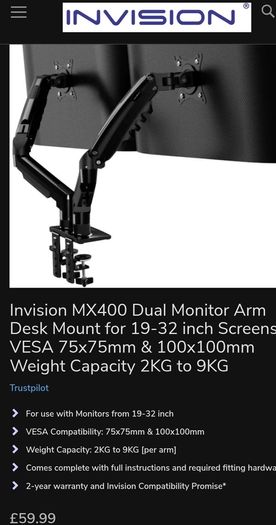 Invision MX400 Dual Monitor Arm