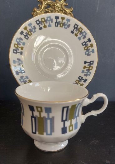 Fabulous Vintage China Set of Six Duos by Royal Kent Bone China in a Cool Vintage Retro Abstract 70s Pattern