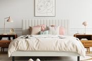 4ft6 Double Bed Frame, Upholstered Platform Bed with Adjustable Velvet Headboard, Sturdy Wooden Slats, Silent Design, No Spring Mattress Required, Easy Assembly Beige,Double