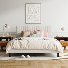 4ft6 Double Bed Frame, Upholstered Platform Bed with Adjustable Velvet Headboard, Sturdy Wooden Slats, Silent Design, No Spring Mattress Required, Easy Assembly Beige,Double