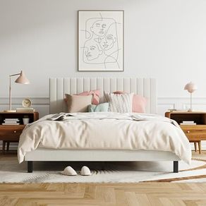 4ft6 Double Bed Frame, Upholstered Platform Bed with Adjustable Velvet Headboard, Sturdy Wooden Slats, Silent Design, No Spring Mattress Required, Easy Assembly Beige,Double