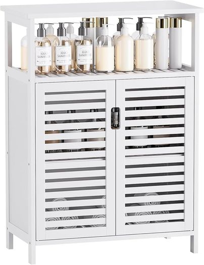Bathroom Floor Storage Cabinet, Freestanding Bamboo Side Storage Organizer with Double Doors and Open Shelves, Space Saving Small Kitchen Cupboard, Whit