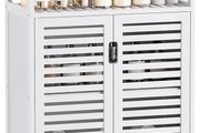 Bathroom Floor Storage Cabinet, Freestanding Bamboo Side Storage Organizer with Double Doors and Open Shelves, Space Saving Small Kitchen Cupboard, Whit