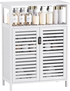 Bathroom Floor Storage Cabinet, Freestanding Bamboo Side Storage Organizer with Double Doors and Open Shelves, Space Saving Small Kitchen Cupboard, Whit