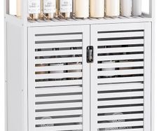 Bathroom Floor Storage Cabinet, Freestanding Bamboo Side Storage Organizer with Double Doors and Open Shelves, Space Saving Small Kitchen Cupboard, Whit