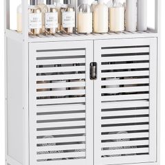 Bathroom Floor Storage Cabinet, Freestanding Bamboo Side Storage Organizer with Double Doors and Open Shelves, Space Saving Small Kitchen Cupboard, Whit