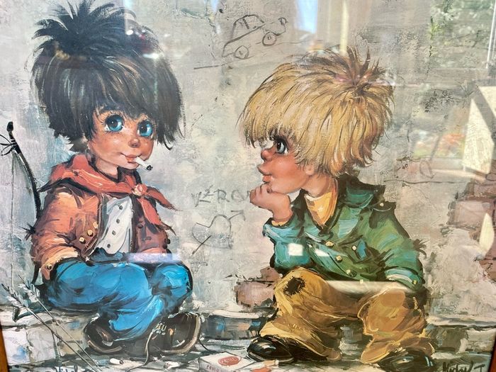 Vintage Teak Framed Certified Art print behind Glass Big Eye Art The Dropouts by Michael Thomas 1969